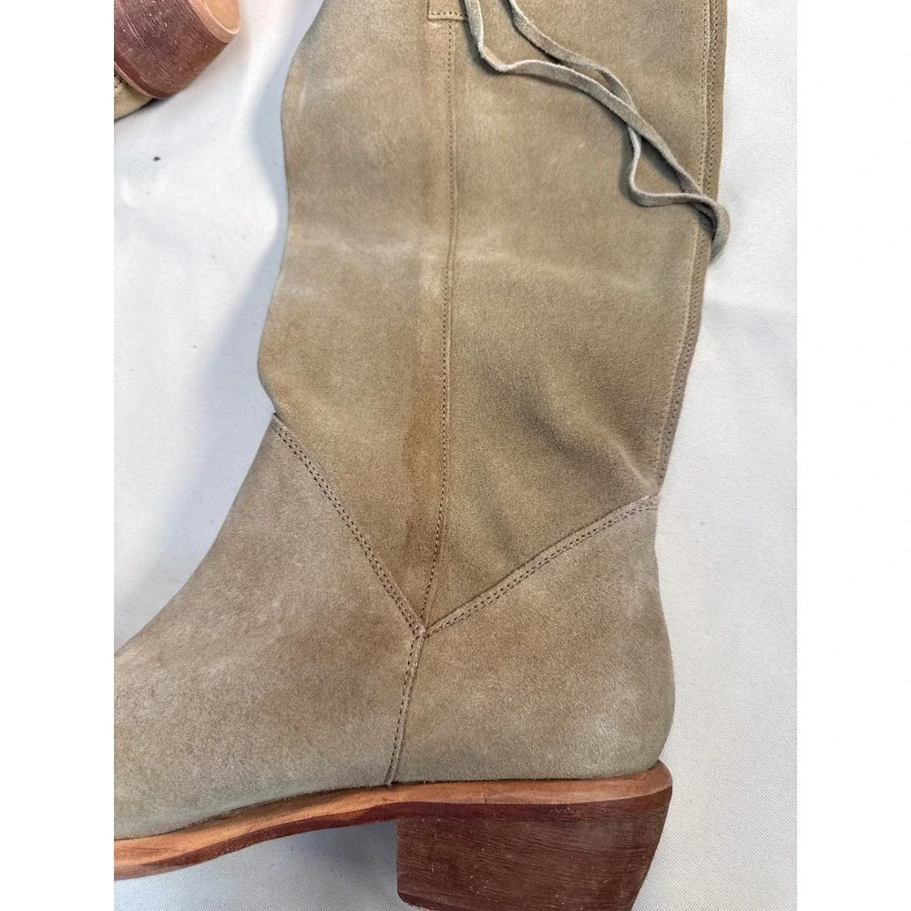 BX by Bronx Women Tan Suede Tall Lace Up Boots Size 8.5 Taupe Boho Low Heel